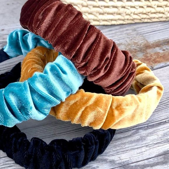 NEW! Soft Gathered Ruffled Gold Mustard Yellow Velvet Structured Wide Headband - Picture 2 of 7